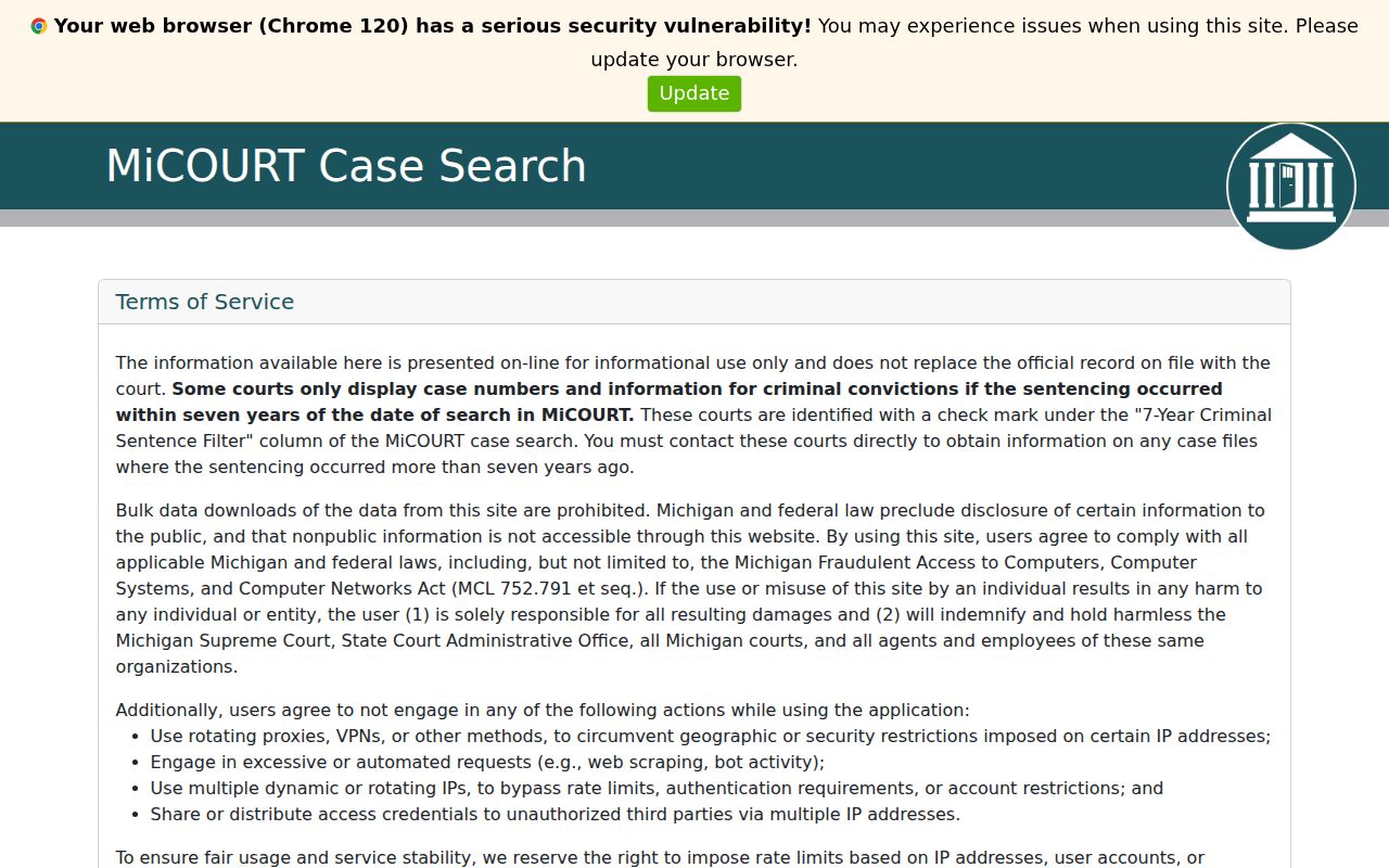 Royal Oak resident lookup through Michigan MiCOURT case search
