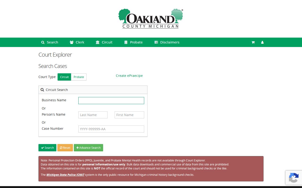 Royal Oak resident lookup using Oakland Court Explorer filters