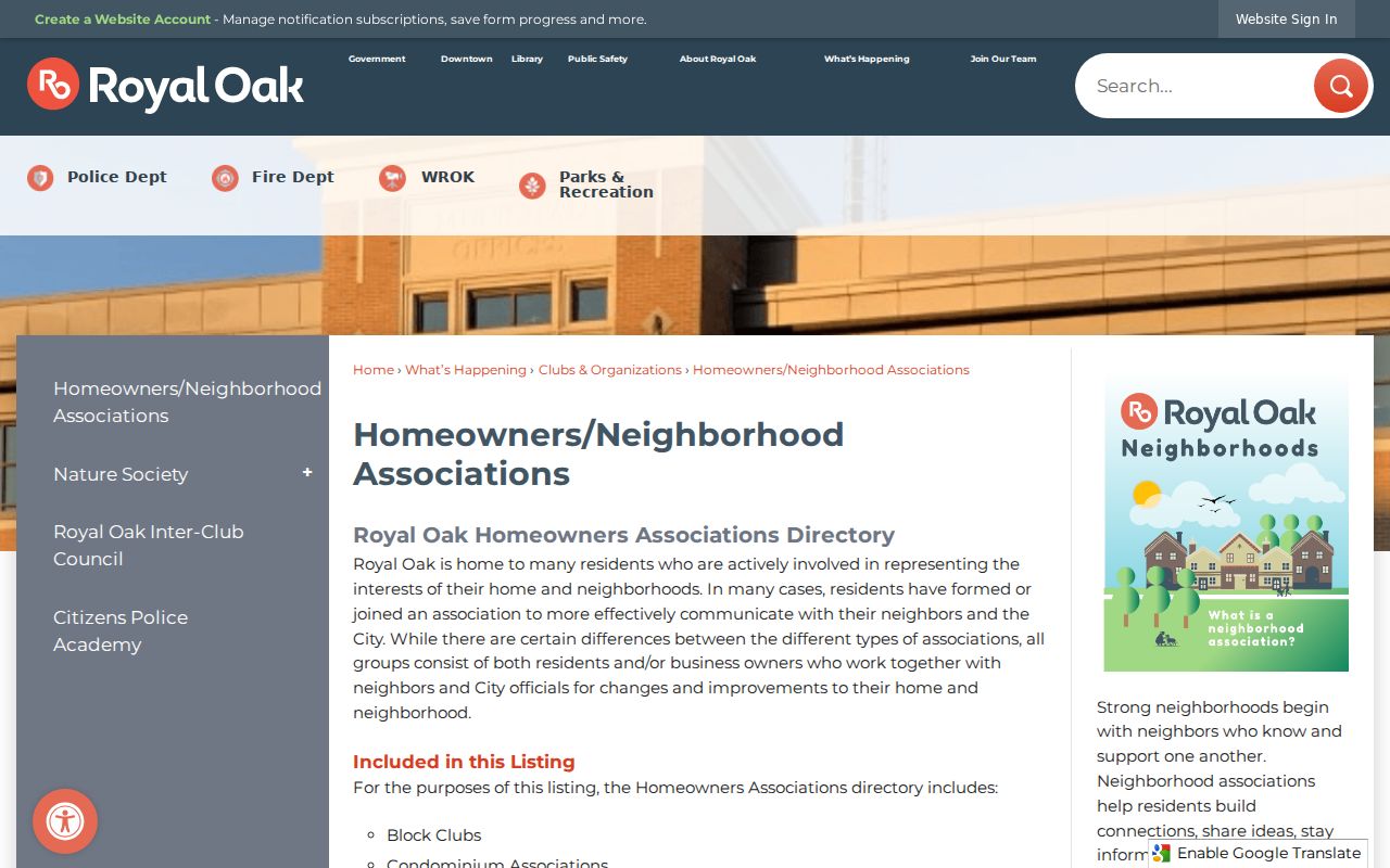 Royal Oak neighbors neighborhood association directory search
